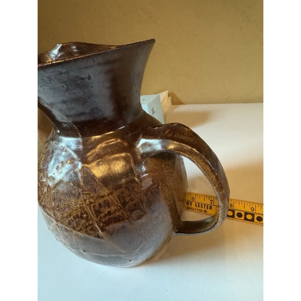 Vintage Studio Pottery Pitcher Hand Thrown Faceted Brown Glaze Art Jug Rustic